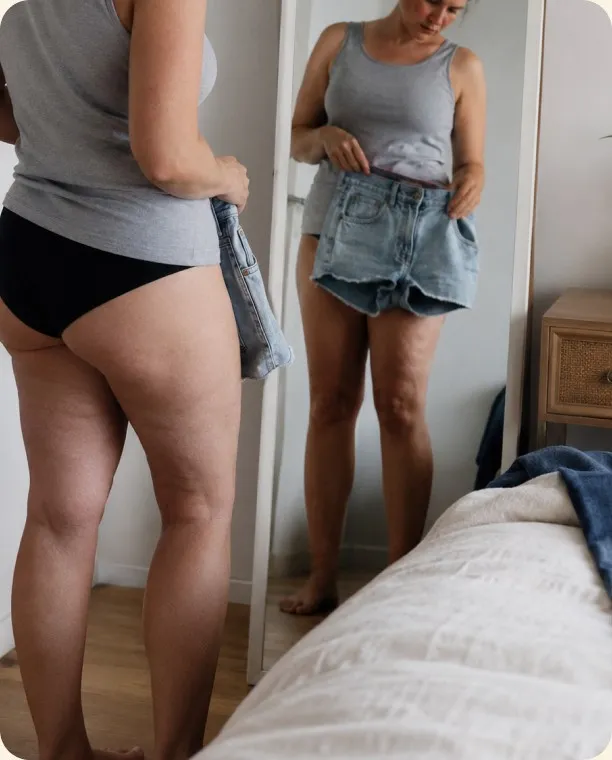 Mulher se olhando no espelho de shorts