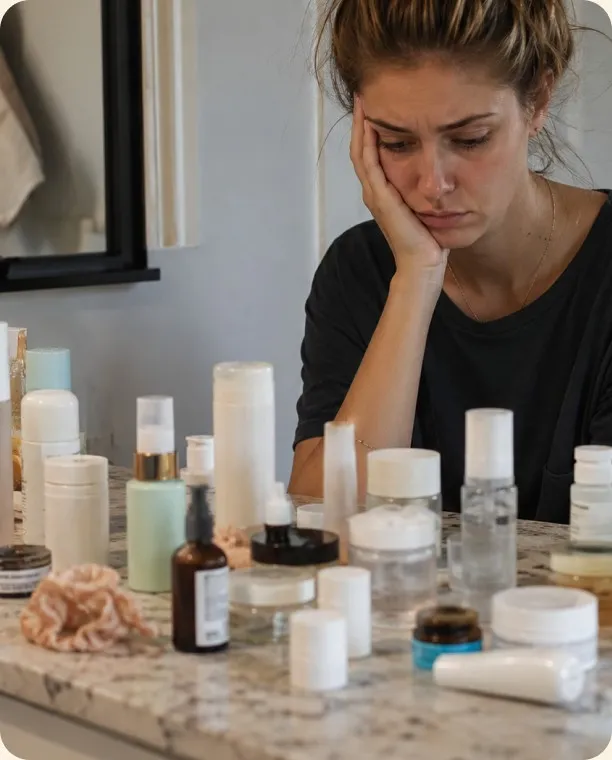 Mulher desanimada diante de vários produtos