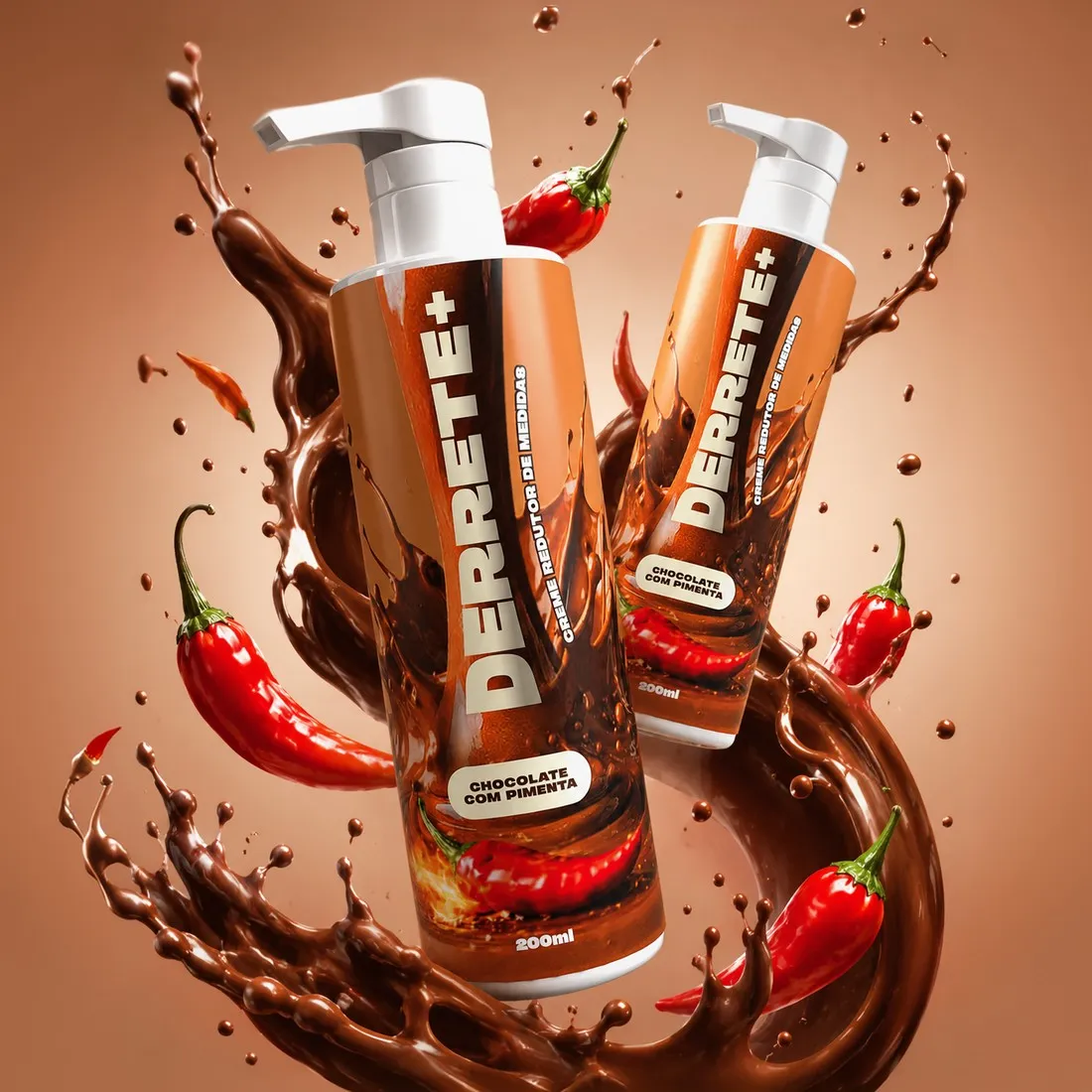 Dois frascos do DERRETE+ com splash de chocolate e pimentas
