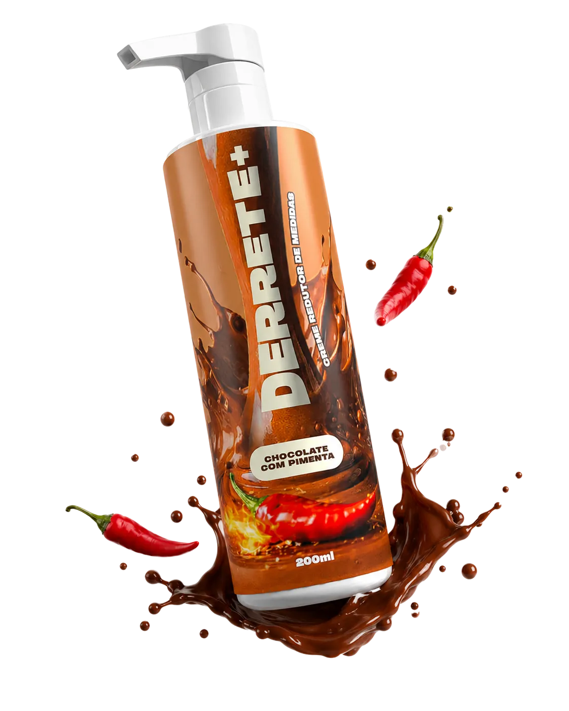 Frasco do DERRETE+ com splash de chocolate